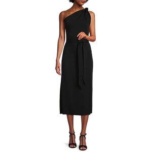 Antonio Melani Weylyn Solid Black Sleeveless One Shoulder Bow Ties Midi Dress